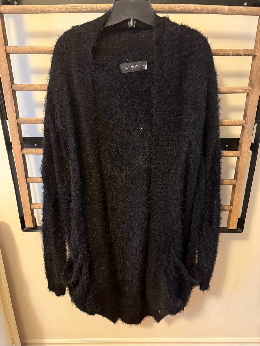 MINKPINK Black Fuzzy Open-Front Cardigan with Pockets